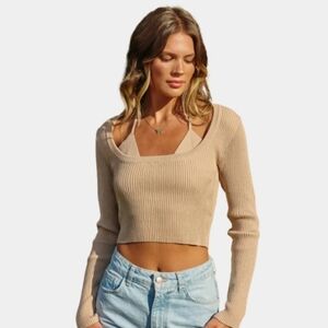 Dress Forum Double Trouble Cropped Sweater Ribbed S Tan Layered 2 In 1 Revolve